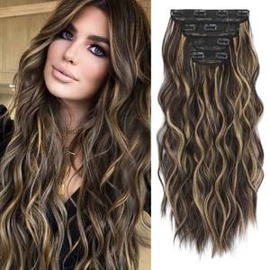 lot 6016 image: REECHO Clip In Hair Extensions 24 Inch 4 Pc Dark Brown Blonde Highlights HE001