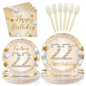 lot 7372 image: Greencian 22nd Birthday Party Tableware Set White and Gold Serves 24 96 Pcs