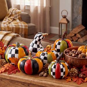 lot 7395 image: Thyle 6 Pack Checkered Resin Decorative Pumpkins Fall Decor