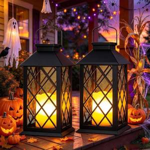lot 7418 image: Cozymeow 2 Pack 14 Tempered Glass Solar Lanterns Outdoor Waterproof Black