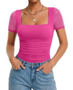 lot 8137 image: Avidlove Womens Short Sleeve Bodysuit Square Neck Sheer Mesh Ruched Pink L