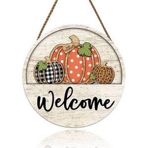 lot 8237 image: KORVITA Fall Welcome Door Sign Pumpkin Wood Wreath 12 x 12 Inch