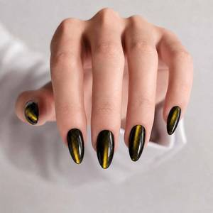 lot 8241 image: BMKPMTR Press On Nails Short Almond Black Gold Cat Eye Soft Gel 32 Pieces