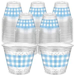 lot 9068 image: Funnymoom 100 Pack Blue Gingham Plastic Cups Bulk for Baby Shower, 9 oz