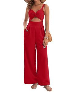 lot 10042 image: AGERWAY Jumpsuits for Women Dressy Summer Sexy V Neck Twist One Piece Outfits Sleeveless Casual Wide Leg Long Pant Rompers Red Jumpsuits for Women with Pockets L