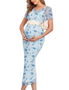 lot 10043 image: AISWI 2 Piece Maternity Mesh Dress Short Sleeves Round Neck Bodycon Pregnancy Dresses Baby Shower Photoshoot Wedding, Short Sleeves, Floral3 Blue Rose, Small