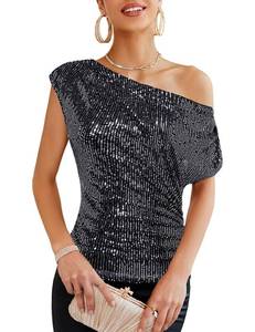 lot 10056 image: Womens Slimming Cold Shoulder Sparkly Top Dressy Ruched Asymmetrical Sequin Top Shirt Shiny Shimmer Vegas Outfits for Women Silver Black 2XL