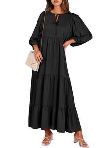 lot 10085 image: ANRABESS Womens Boho Floral 34 Puff Sleeve Maxi Dress Black L