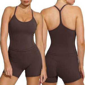 lot 10096 image: SUUKSESS Women Sexy Racerback 2 Piece Workout Sets V Neck Y Back Padded Sports Bra High Waisted Shorts with Pockets(Dark Brown,M)