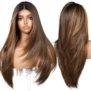 lot 13044 image: BrownBomb Medium Brown Blonde Highlights Layered Synthetic Wig 24 Inch