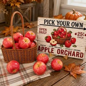 lot 13052 image: Amyhill 16 Fall Apple Decorations Set With Wooden Orchard Sign And Basket