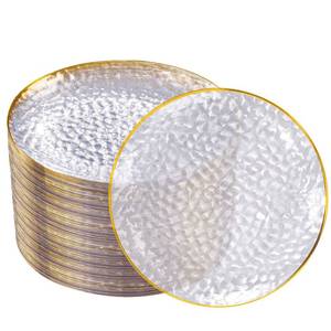 lot 13095 image: DaYammi Gold Rim Clear Plastic Dinner Plates 10 Inch Hammered 100 Pack