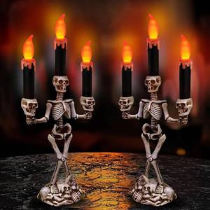 lot 13183 image: TURNMEON 2 Pack Halloween Skull Candelabra LED Flameless Candles Holder 14 Inch