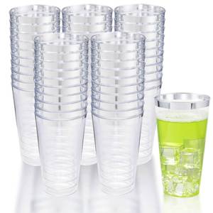 lot 13201 image: LIYH 100 Pack 16 Oz Disposable Clear Plastic Cups with Silver Rim