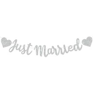 lot 14293 image: BEISHIDA Silvery Just Married Glitter Wedding Banner, Pre-Strung