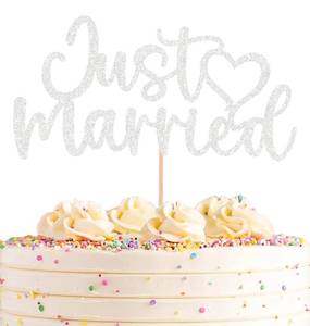 lot 14306 image: AHAORAY Just Married Cake Topper Silver Glitter Wedding Cake Pick