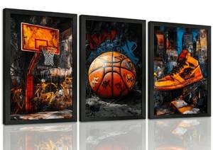lot 14359 image: GKQNMU Basketball Canvas Wall Art 3 Piece Black Wood Frame 12x16in