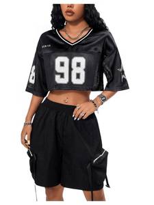 lot 14395 image: Verdusa Womens V Neck Short Sleeve Mesh Crop Top Graphic Tee Black Small