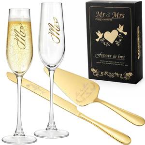 lot 17856 image: WUWEOT Mr and Mrs Champagne Flutes Wedding Cake Knife and Server Set