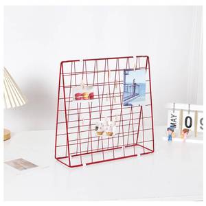 lot 18979 image: Desktop Photo Display Shelf Double-Sided Metal Grid Red 20 Wooden Clips