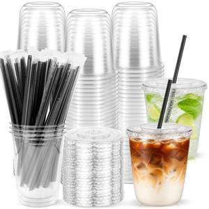 lot 19632 image: Etersky 12 oz Round Bottom Plastic Cups with Lids and Straws 50 Pack