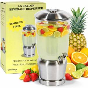lot 19640 image: InSideOut Stainless Steel Drink Dispenser with Ice Chambers 1.5 Gallon  Retail $129.99