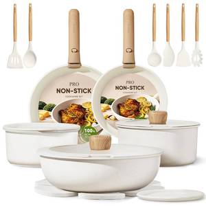 lot 19672 image: CAROTE Non Stick Pots and Pans Set Detachable Handle Cookware 21 Pcs White  Retail $159.99