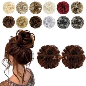 lot 20132 image: FeidyLong Messy Bun Hair Piece Wavy Synthetic Fiber 2 Pack
