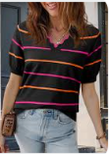lot 14375 image: Dokotoo Womens Black Striped Short Sleeve V-Neck Knit Top w Scalloped Trim Med - Stock image may differ from actual product images