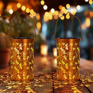 lot 17859 image: Copper-Tone Solar Hanging Lantern with Dragonfly Cutout Design, 2 Pc - Stock image may not match actual product images