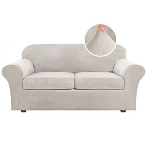 lot 1759 image: H.VERSAILTEX 3 Piece Velvet Plush Stretch Sofa Cover Set 72-90 Inch Oatmeal