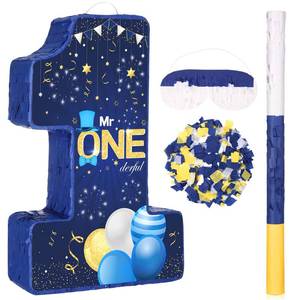 lot 1808 image: Pinata Number 1 1st Birthday Blue & Gold With Stick & Blindfold