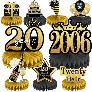 lot 2242 image: Joycard 20th Birthday Honeycomb Table Centerpieces Black & Gold 9 Pcs