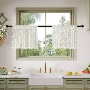 lot 2262 image: Anmao Lace Kitchen Curtains 18 Inch Long 2 Panels Ivory White