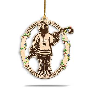 lot 2362 image: Trumpetic Ice Hockey Girl Ornament 3.5 Inch Wooden Hanging Christmas Tree Decor