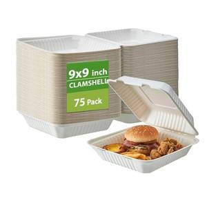 lot 7497 image: Jaluxing Bagasse Clamshell Takeout Food Containers 9x9 1-Compartment 75-Pack