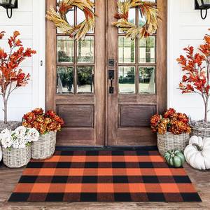 lot 8393 image: Homydecor Orange and Black Plaid Outdoor Front Door Mat Rug 28 x 43 Inch