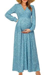 lot 8421 image: OUGES Womens Maternity Maxi Dress Floral Print Long Sleeve Little Blue XXL