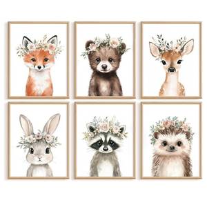 lot 8422 image: Baccone Animal Nursery Canvas Wall Art Prints Set of 6 8x10 Inch Unframed