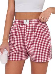 lot 8432 image: ANRABESS Womens Gingham Striped Pajama Boxer Shorts Red White Plaid Large