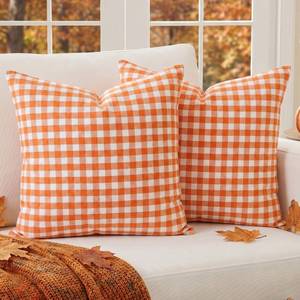 lot 8435 image: Carrie Home Burnt Orange Gingham Plaid Pillow Covers 18x18 Set of 2