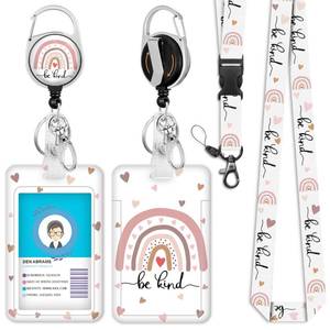 lot 8472 image: Giancomics Retractable Badge Reel ID Holder with Lanyard, Rainbow Be Kind Print