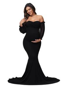 lot 8473 image: JustVH Womens Maternity Off Shoulder Mesh Sleeve Maxi Photoshoot Dress