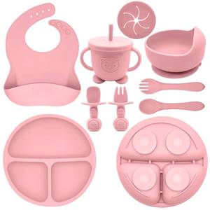 lot 9086 image: Munlinder Silicone Baby Feeding Set  Baby Led Weaning Supplies Includes Suction Bowls and Divided Plates, Adjustable Bib, Baby Utensils Spoons and Forks,Cup  Baby Feeding Essentials (Pink)