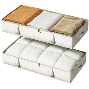 lot 9107 image: Vailando Side-Supported Under Bed Storage Containers, 6 Inches Tall 60L Underbed Storage Bins with Sturdy Handles and Sidewalls, Closet Organizer for Clothes, Blankets, Seasonal Items, Beige, 2-Pack