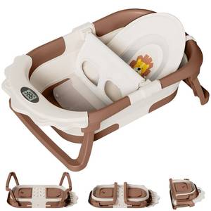 lot 9114 image: TPN Collapsible Baby Bathtub for Infants to Toddler with Real-time Temp MonitorFloating Cushion 1 (Brown, Little Lion)