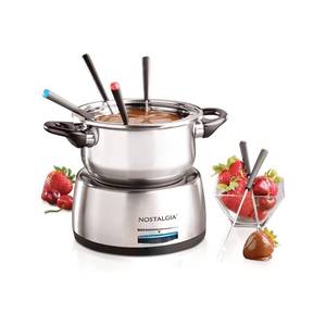lot 9120 image: Nostalgia FPS200 6-Cup Stainless Steel Electric Fondue Pot with Temperature Control, 6 Color-Coded Forks and Removable Pot - Perfect for Chocolate, Caramel, Cheese, Sauces and More