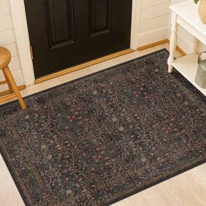 lot 9124 image: Vintage Dark Brown 3x4 Entryway Rug, Washable Small Area Rugs for Entry Way, Kitchen, Bathroom, Door Mat Indoor Entrance, Mudroom, Oriental Floral Low Pile Stain Resistant Non-Slip Throw Rug