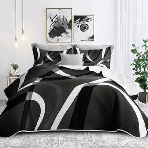 lot 9127 image: weesire 3 Piece Black White Full Queen Quilt Striped Reversible Bedding Set