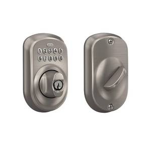 lot 9130 image: Schlage BE365 PLY 619 Plymouth Keypad Deadbolt, Electronic Keyless Entry Lock, Satin Nickel